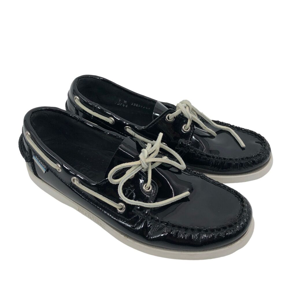 Sebago‎ Docksides Boat Shoes Mens 9 More Like 8.5 Black Patent Leather Moccasin